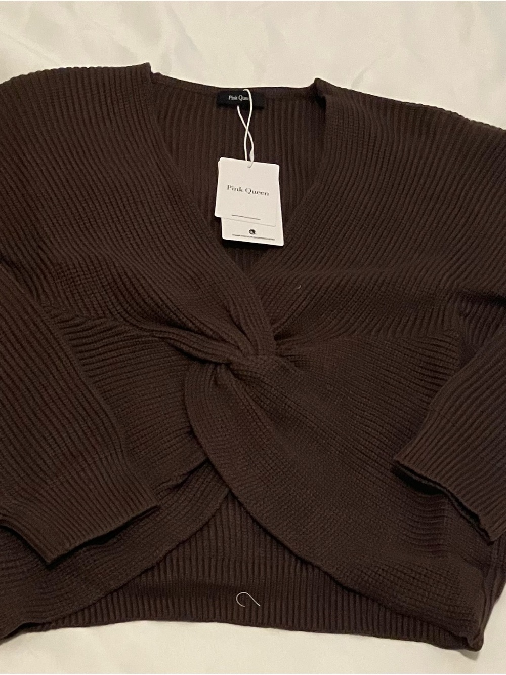 Women’s Pink Queen Brown Twist-Front V-Neck Sweater Brand New Tags On!